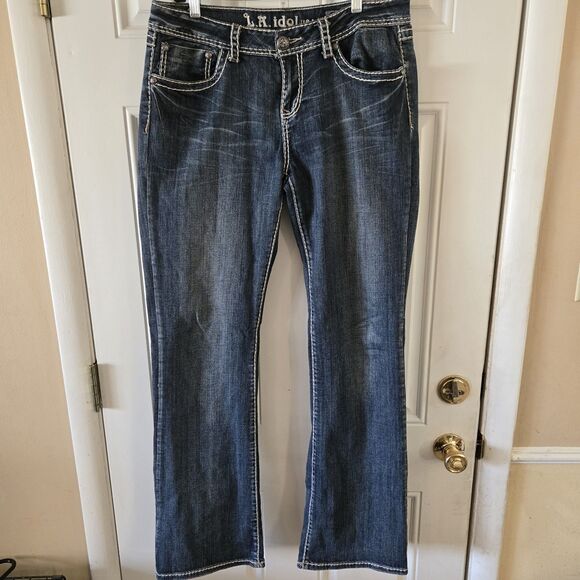LA Idol Women Flare Jeans Bling Size 13 White Stitch Stretchy Distressed Y2K USA - Picture 1 of 9